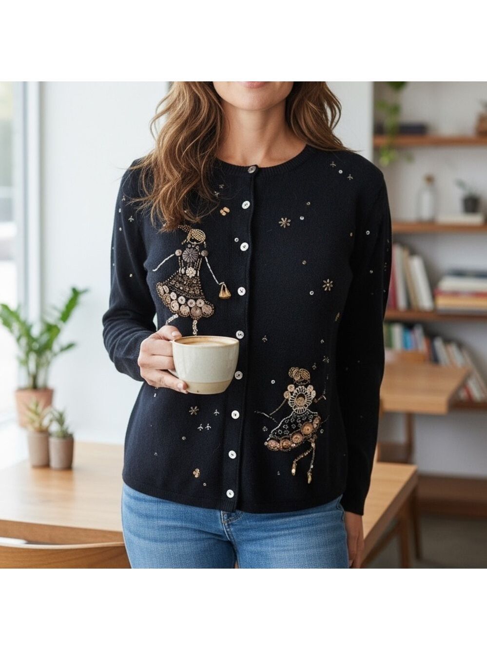 Susan Bristol Dancing Girls Cardigan Size L Black